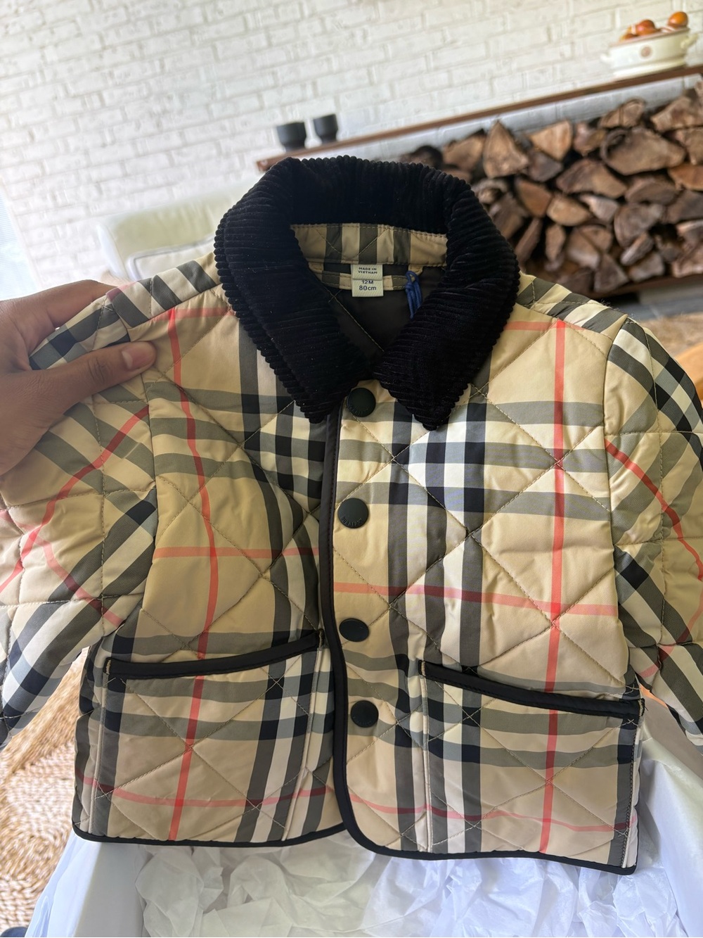 BNWT Burberry Children's Quilted Beige Plaid Jacket with Black Corduroy Collar